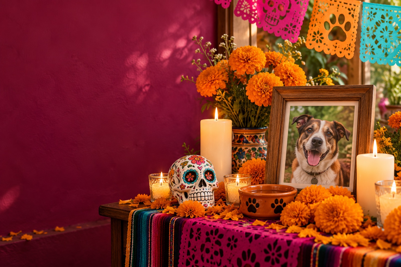A home Día de los Muertos ofrenda for a dog, with papel picado, marigolds, candles and a framed photo